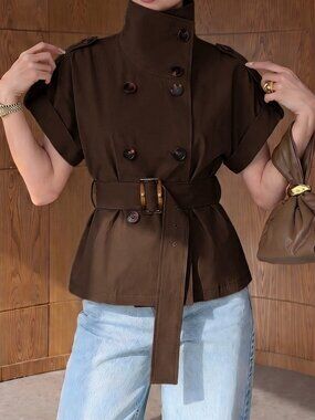 Brown Casual Women's Double Button Stand Collar Cinched Waist Jacket